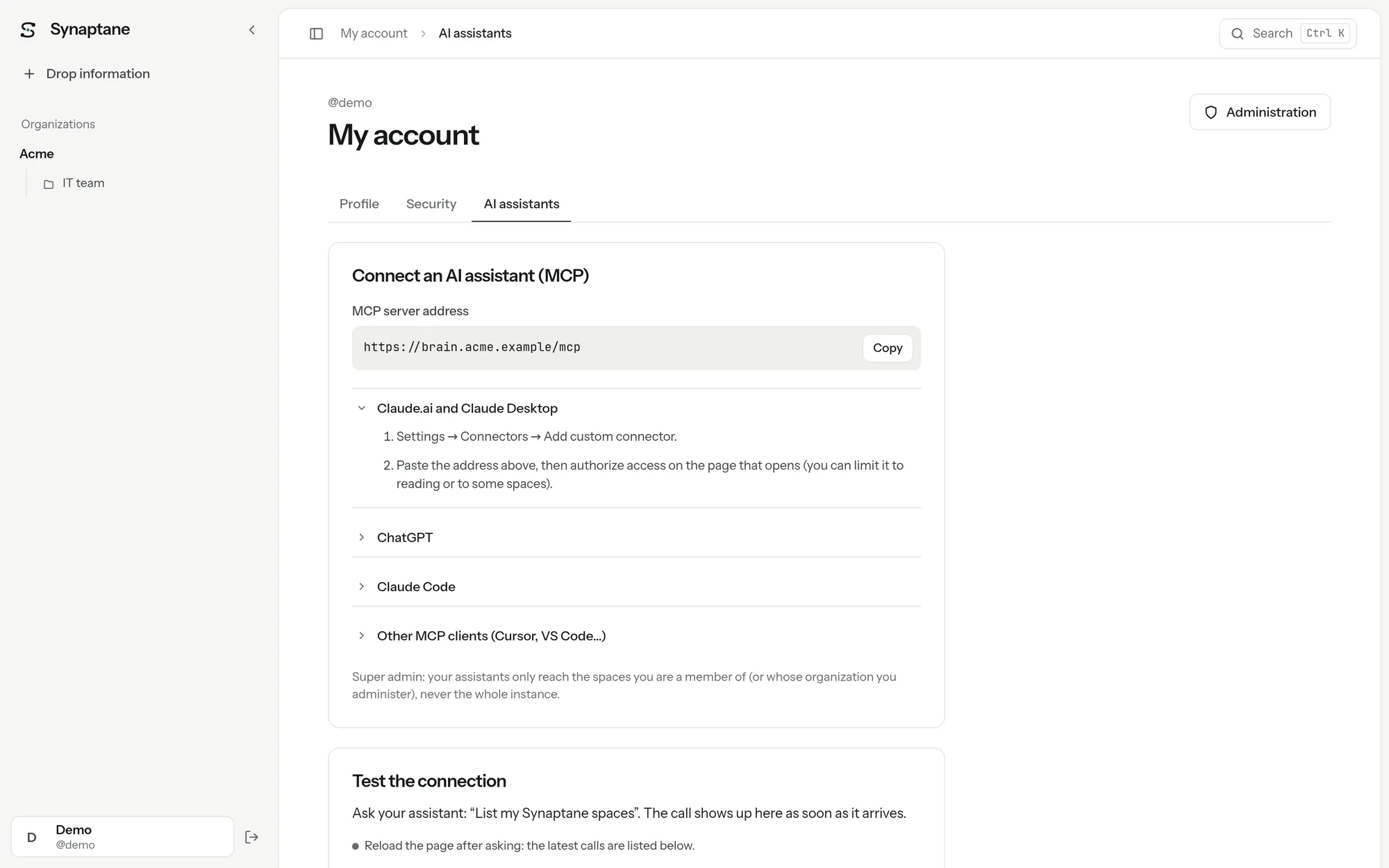 The page to connect an AI assistant over MCP