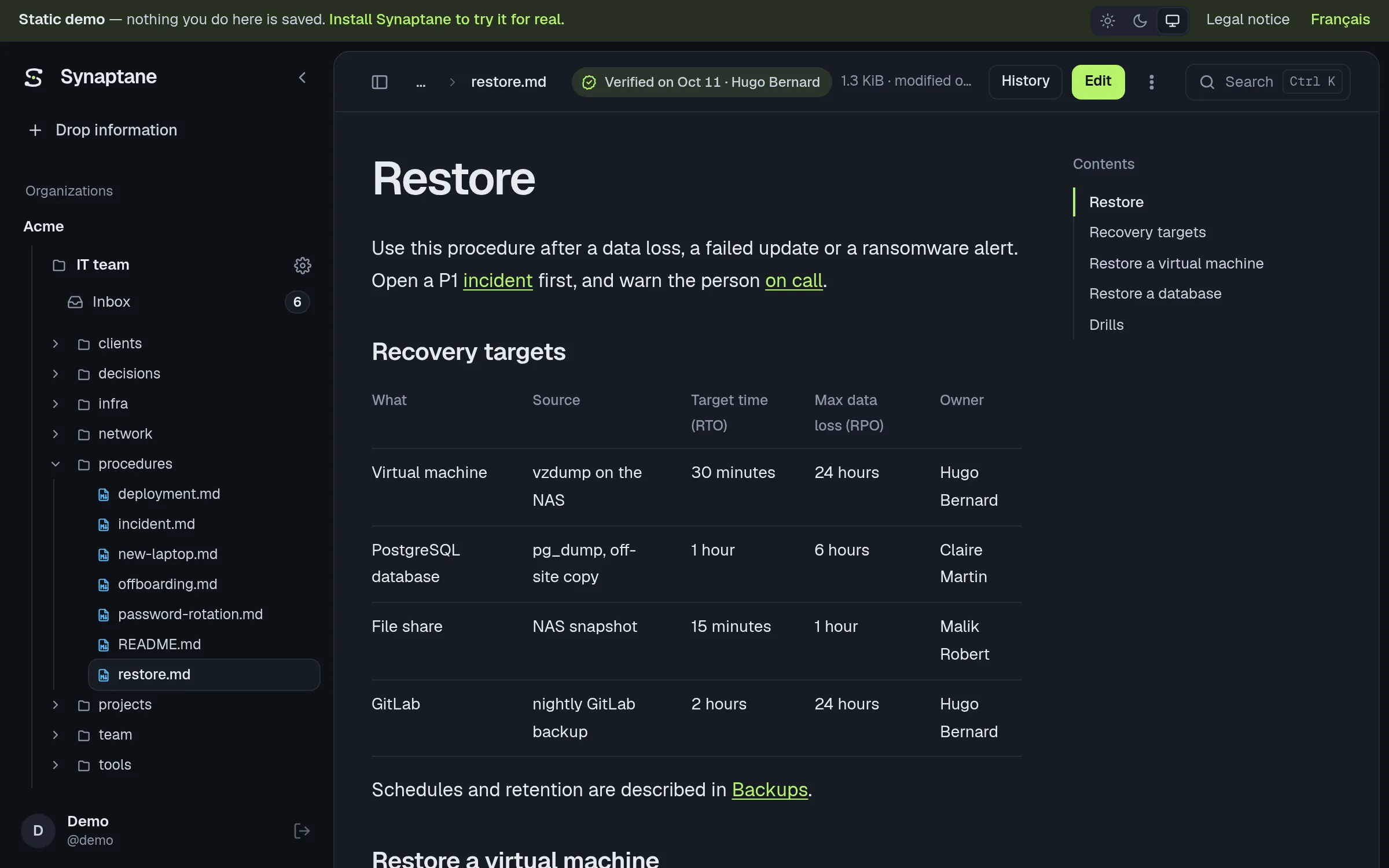 The static demo: a wiki page of Acme's IT team, with the space tree, a verified badge and a table of recovery targets