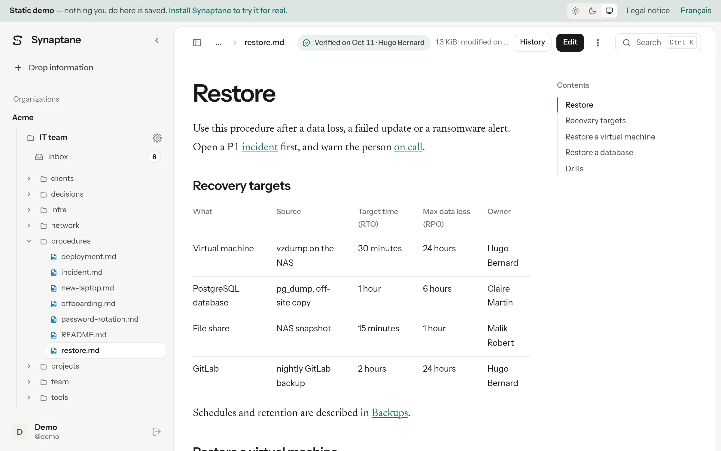 The static demo: a wiki page of Acme's IT team, with the space tree, a verified badge and a table of recovery targets