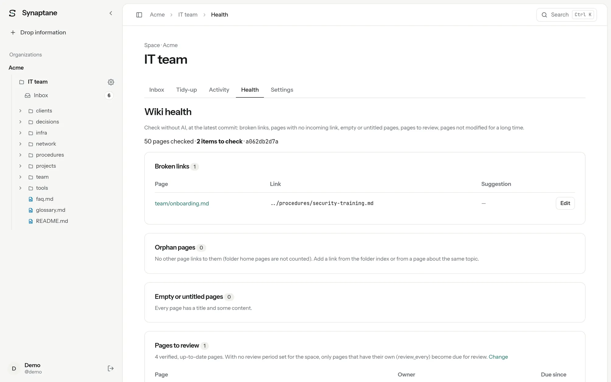 The health tab of a space, listing broken links and pages to review