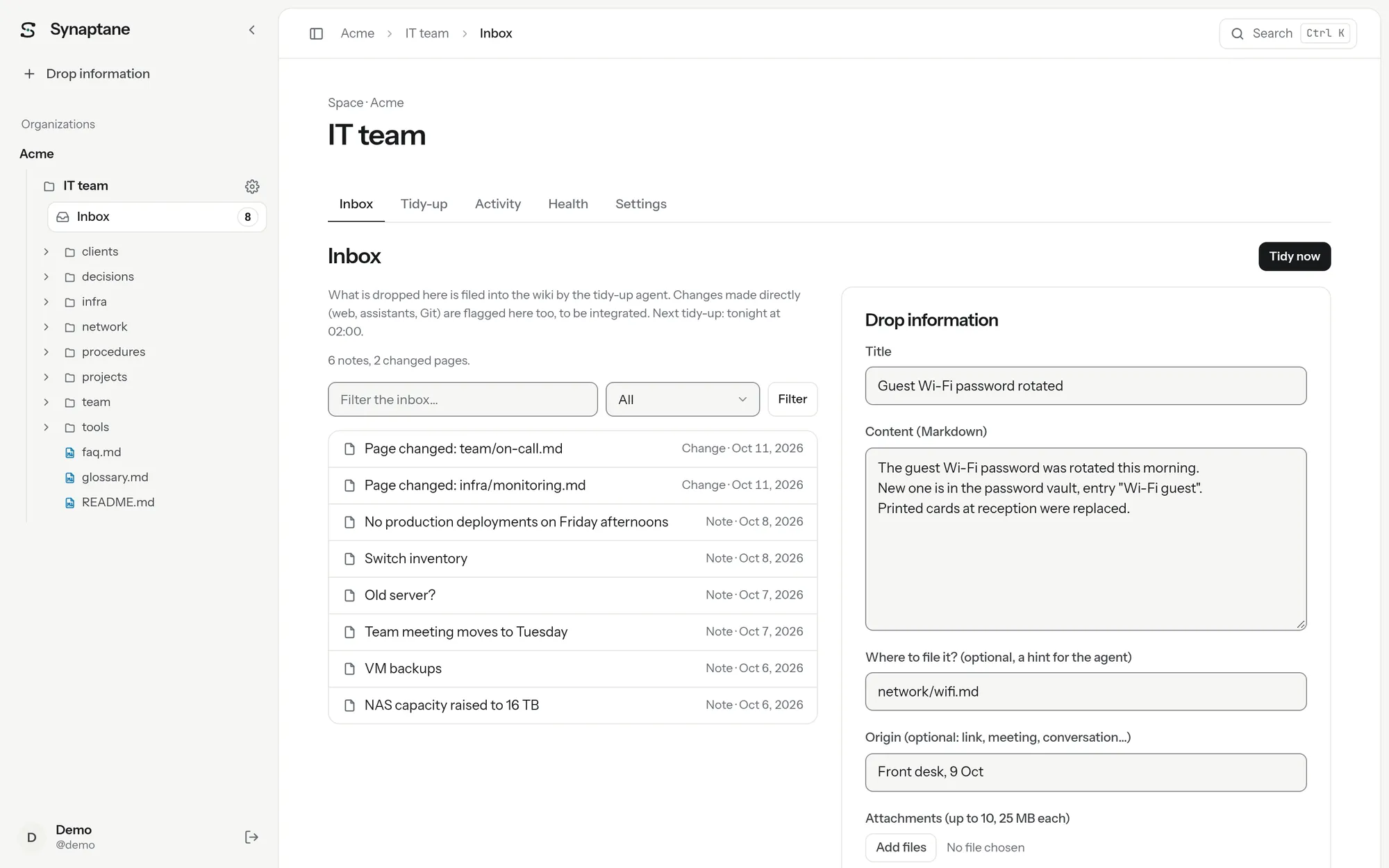 The inbox of a space: pending notes and changed pages, and the form to drop information