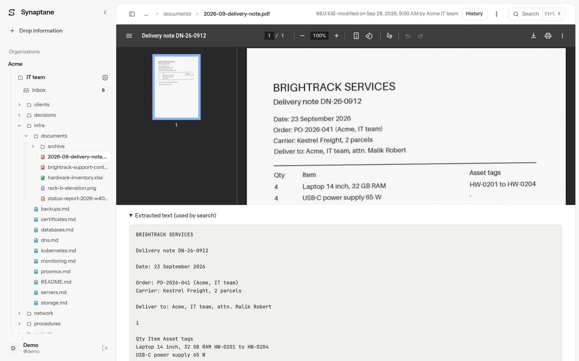 A scanned PDF delivery note above the text recognized by OCR