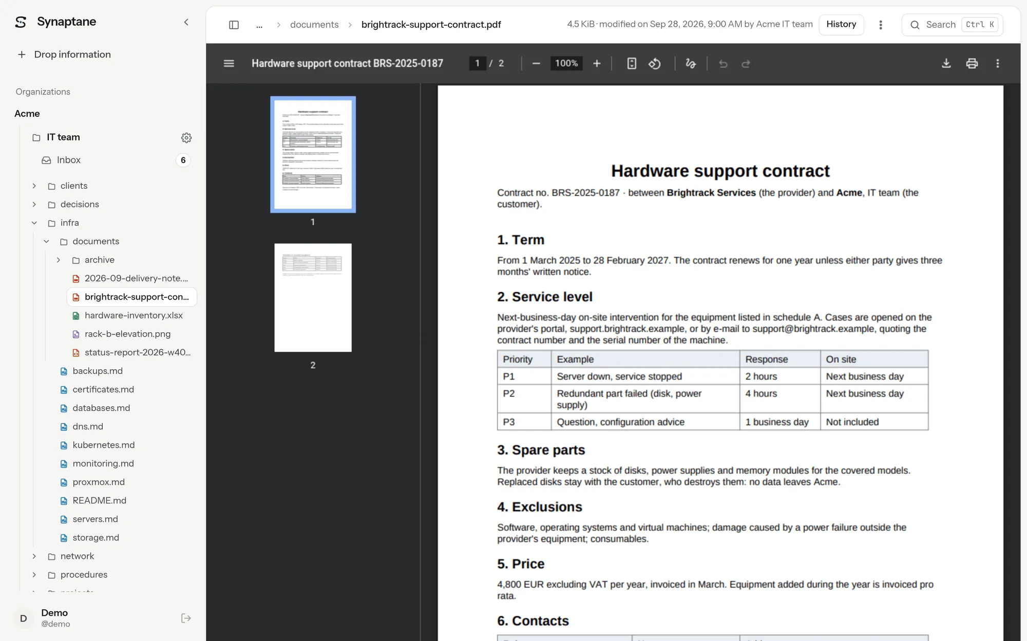A PDF support contract shown in the built-in viewer, next to the space tree