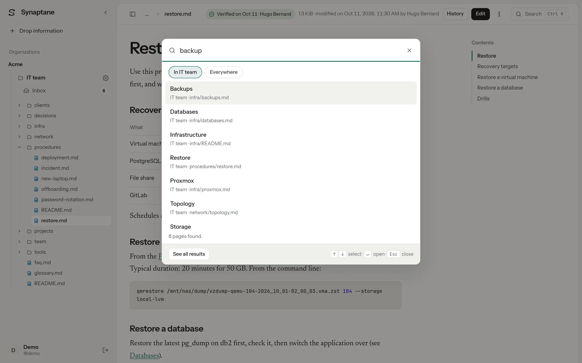 The Ctrl+K search palette with results from several pages